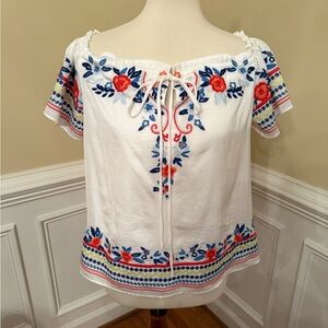 Parker White Blouse with Red and Blue Embroidery
